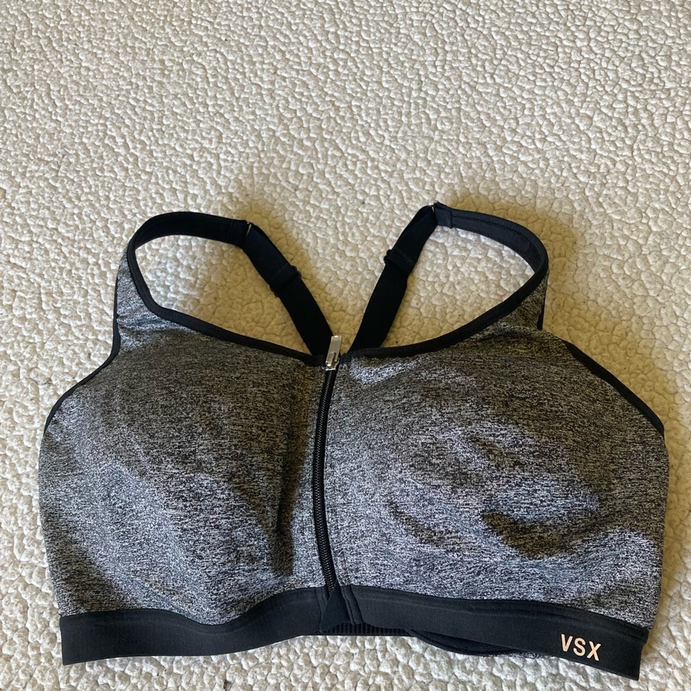 VSX Gray and Black Front-Zip Performance Sports Bra, size 36DD, comfortable